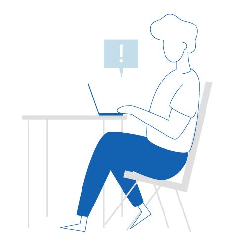 Ilustração que representa uma mulher, de costas, sentada em um cadeira e olhando para um laptop aberto na mesa