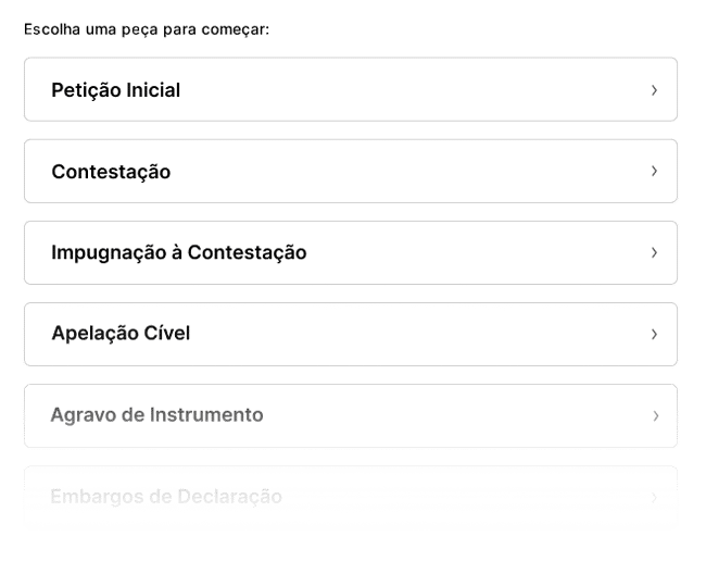 Escolha de peça na funcionalidade de redação de peças com IA