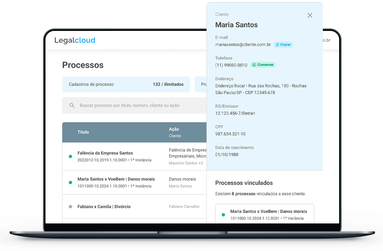 Processos e Clientes na Legalcloud