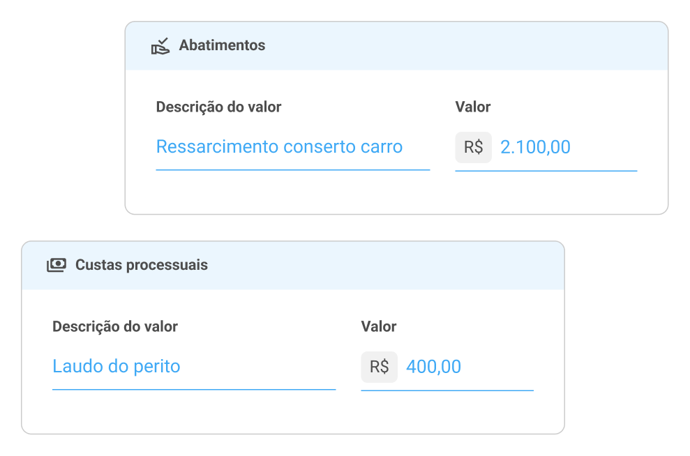 Abatimentos e custas na Calculadora de Liquidação Cível