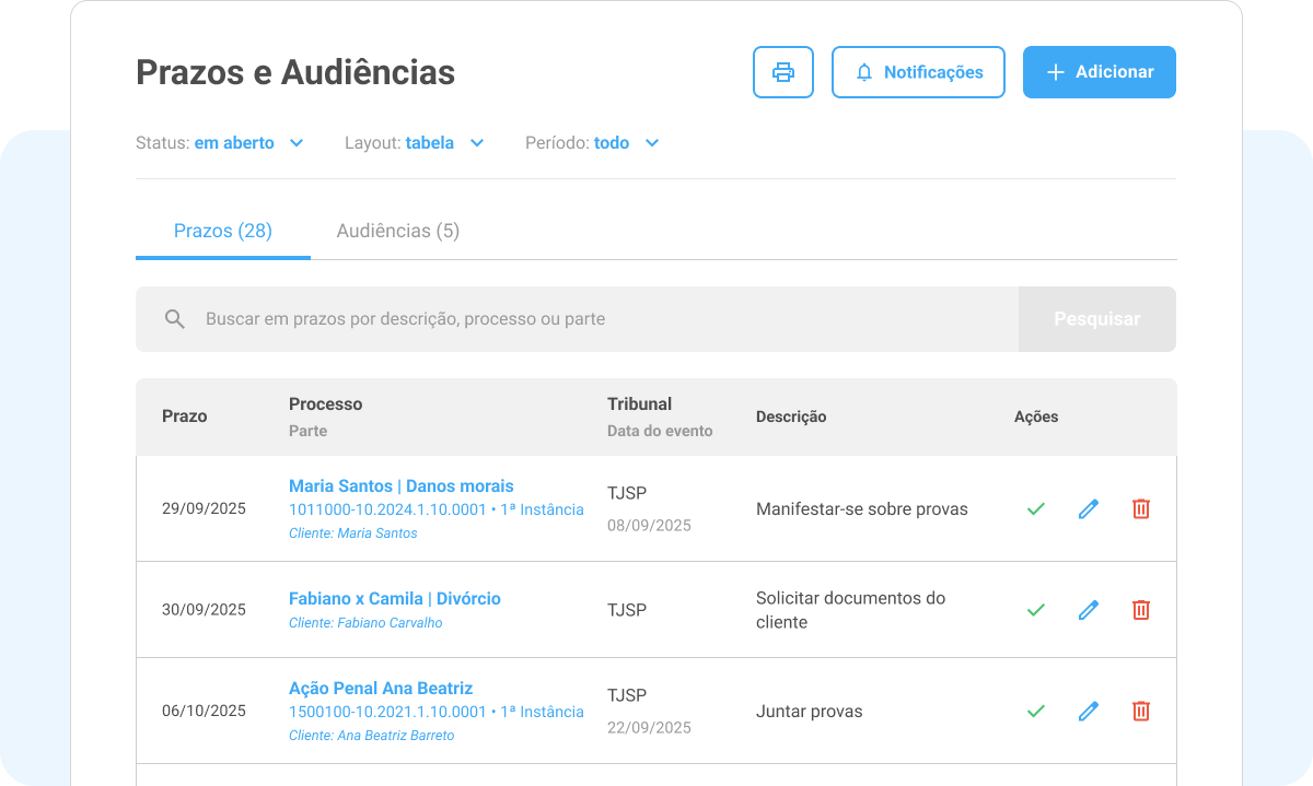Agenda unificada de Prazos e Audiências na Legalcloud