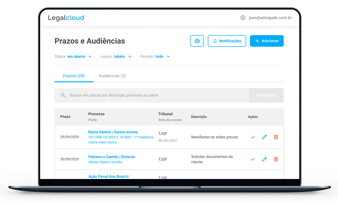 Prazos e Audiências na Legalcloud