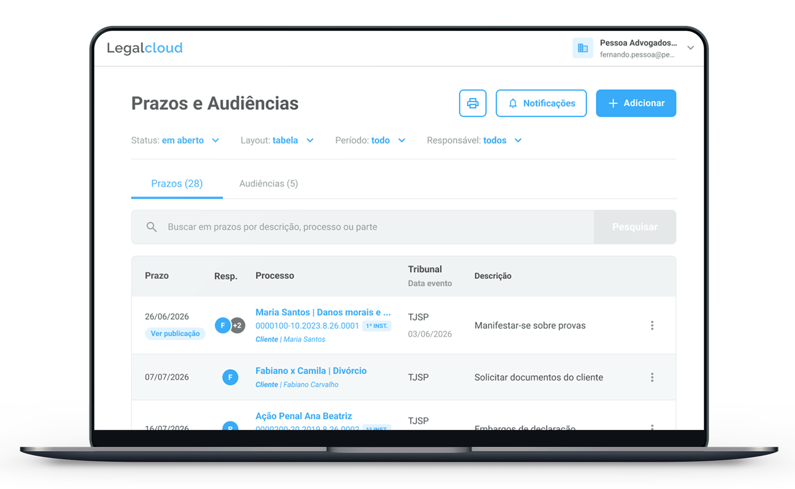 Prazos e Audiências em Equipe Tela de Prazos e Audiências com suporte para equipes na Legalcloud